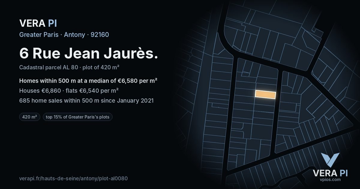 6 Rue Jean Jaurès, Antony at night – the plot lit, the parcels around coloured by the prices near them