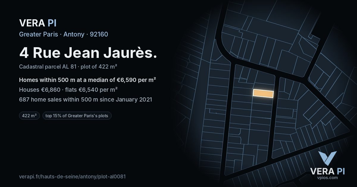 4 Rue Jean Jaurès, Antony at night – the plot lit, the parcels around coloured by the prices near them