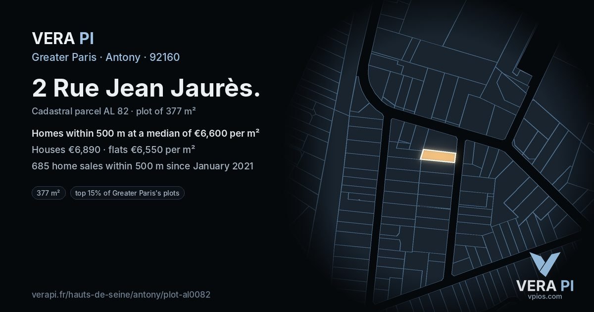 2 Rue Jean Jaurès, Antony at night – the plot lit, the parcels around coloured by the prices near them