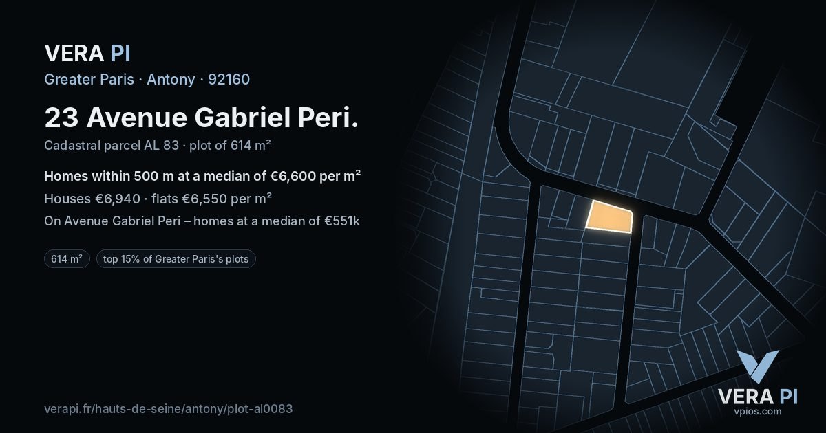 23 Avenue Gabriel Peri, Antony at night – the plot lit, the parcels around coloured by the prices near them