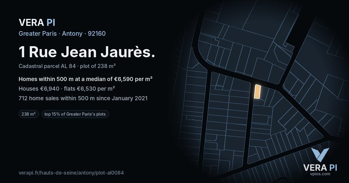 1 Rue Jean Jaurès, Antony at night – the plot lit, the parcels around coloured by the prices near them