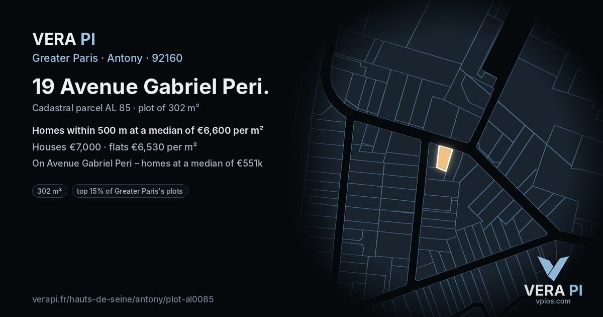 19 Avenue Gabriel Peri, Antony at night – the plot lit, the parcels around coloured by the prices near them