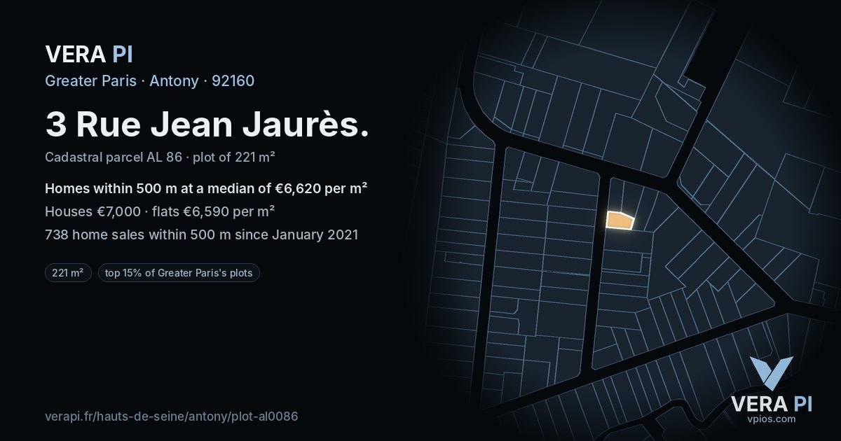 3 Rue Jean Jaurès, Antony at night – the plot lit, the parcels around coloured by the prices near them