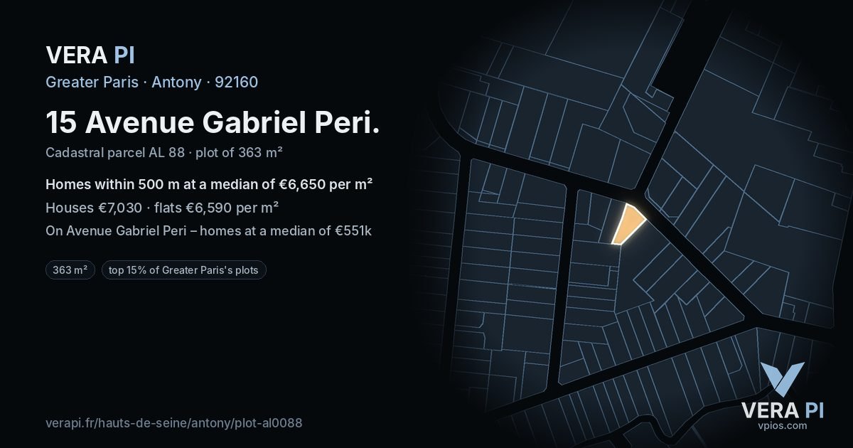 15 Avenue Gabriel Peri, Antony at night – the plot lit, the parcels around coloured by the prices near them