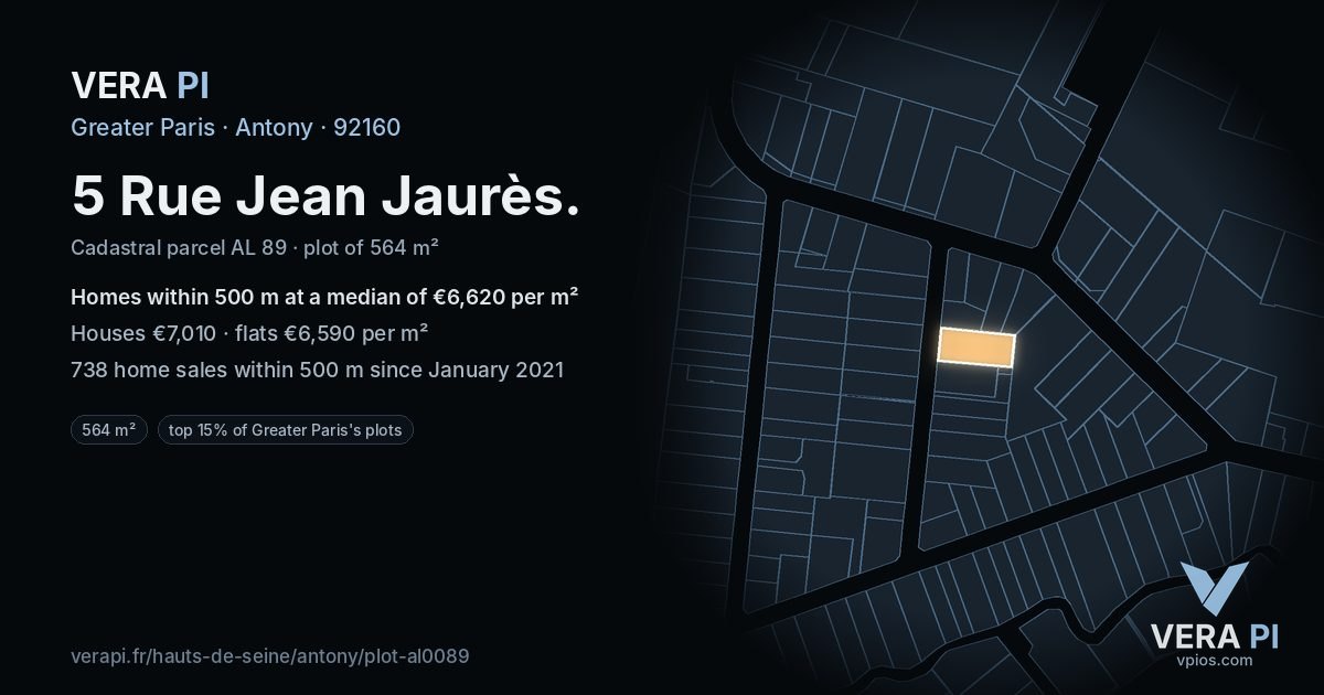 5 Rue Jean Jaurès, Antony at night – the plot lit, the parcels around coloured by the prices near them