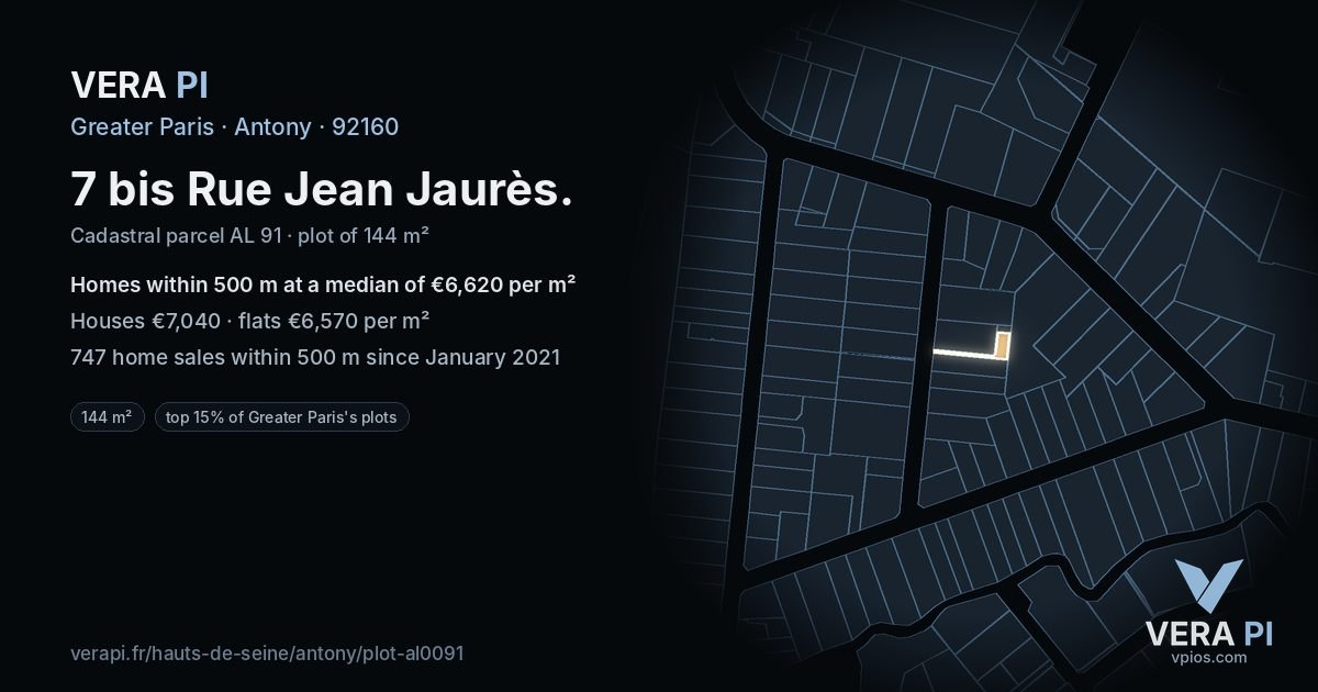 7 bis Rue Jean Jaurès, Antony at night – the plot lit, the parcels around coloured by the prices near them