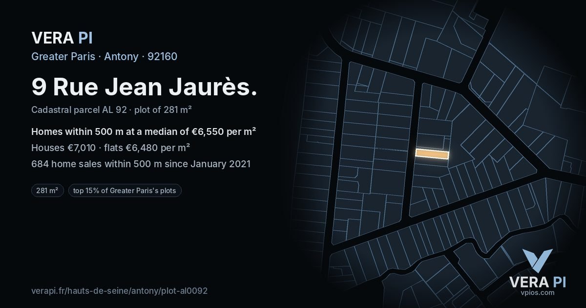 9 Rue Jean Jaurès, Antony at night – the plot lit, the parcels around coloured by the prices near them