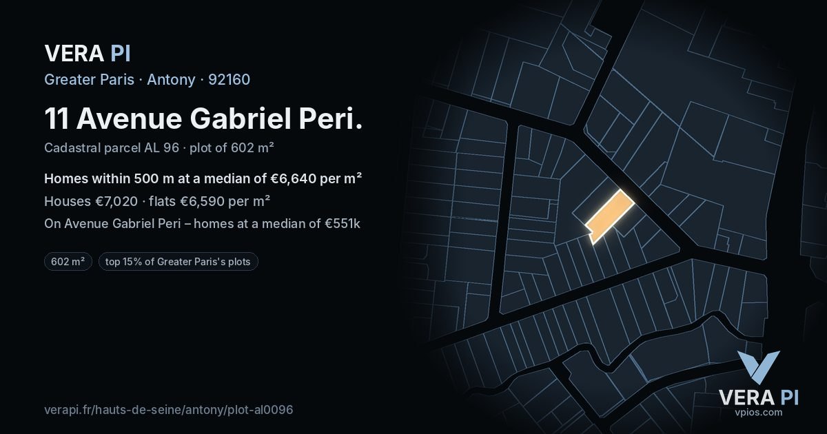11 Avenue Gabriel Peri, Antony at night – the plot lit, the parcels around coloured by the prices near them