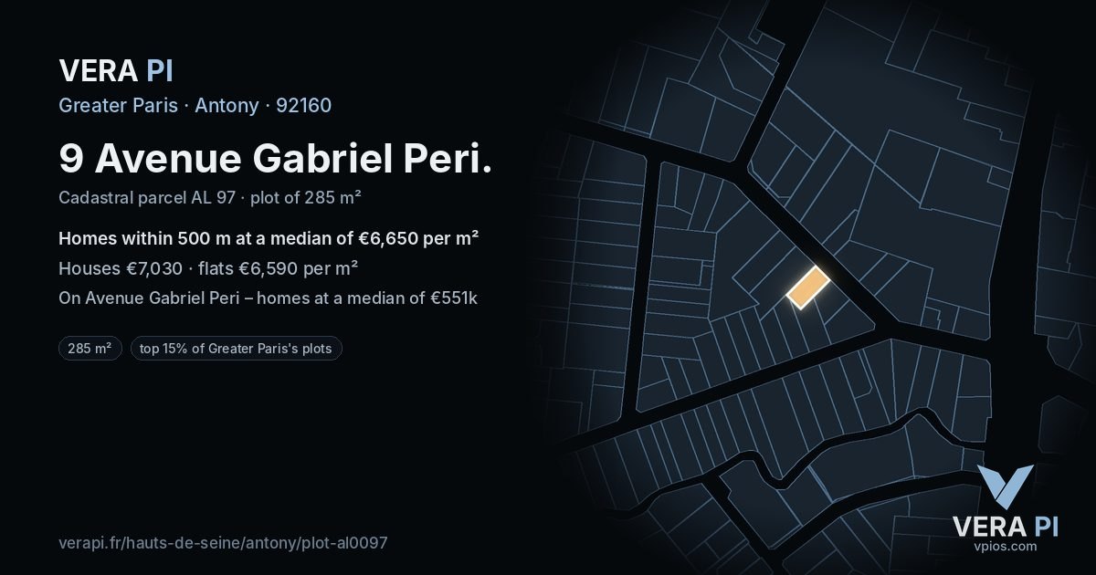 9 Avenue Gabriel Peri, Antony at night – the plot lit, the parcels around coloured by the prices near them