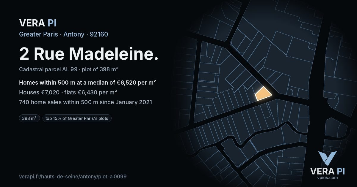 2 Rue Madeleine, Antony at night – the plot lit, the parcels around coloured by the prices near them