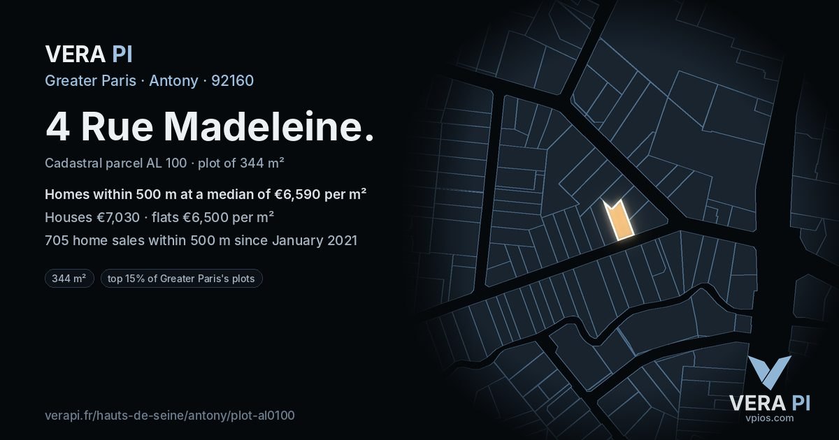 4 Rue Madeleine, Antony at night – the plot lit, the parcels around coloured by the prices near them