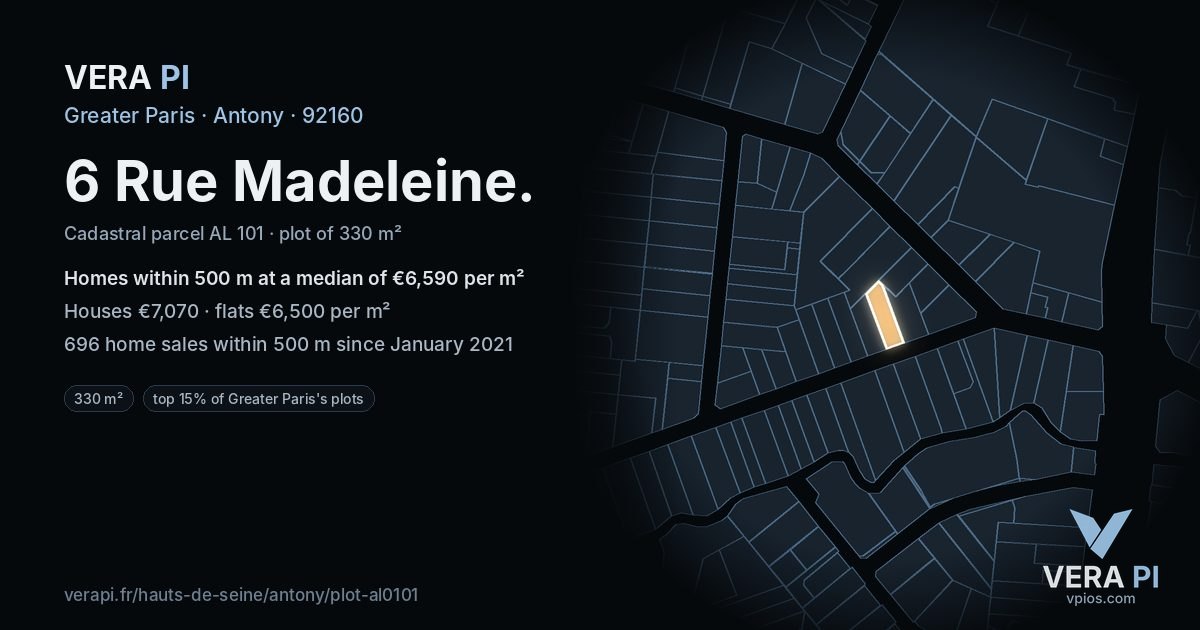 6 Rue Madeleine, Antony at night – the plot lit, the parcels around coloured by the prices near them