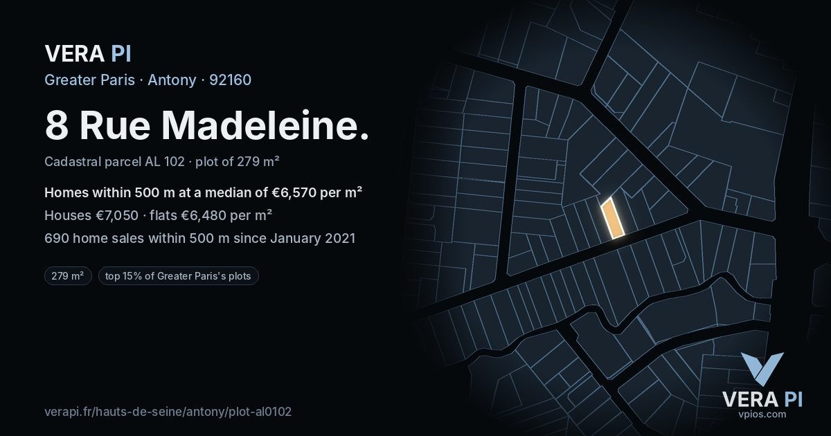 8 Rue Madeleine, Antony at night – the plot lit, the parcels around coloured by the prices near them