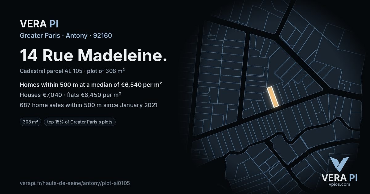 14 Rue Madeleine, Antony at night – the plot lit, the parcels around coloured by the prices near them