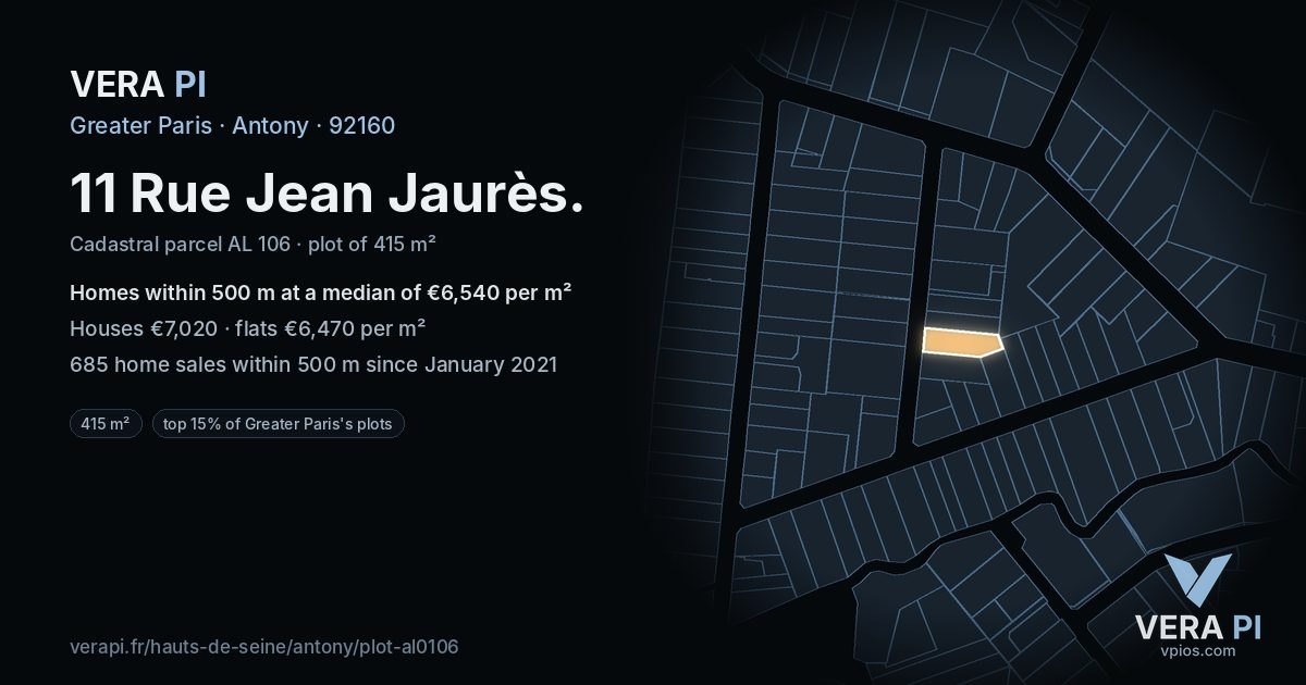 11 Rue Jean Jaurès, Antony at night – the plot lit, the parcels around coloured by the prices near them