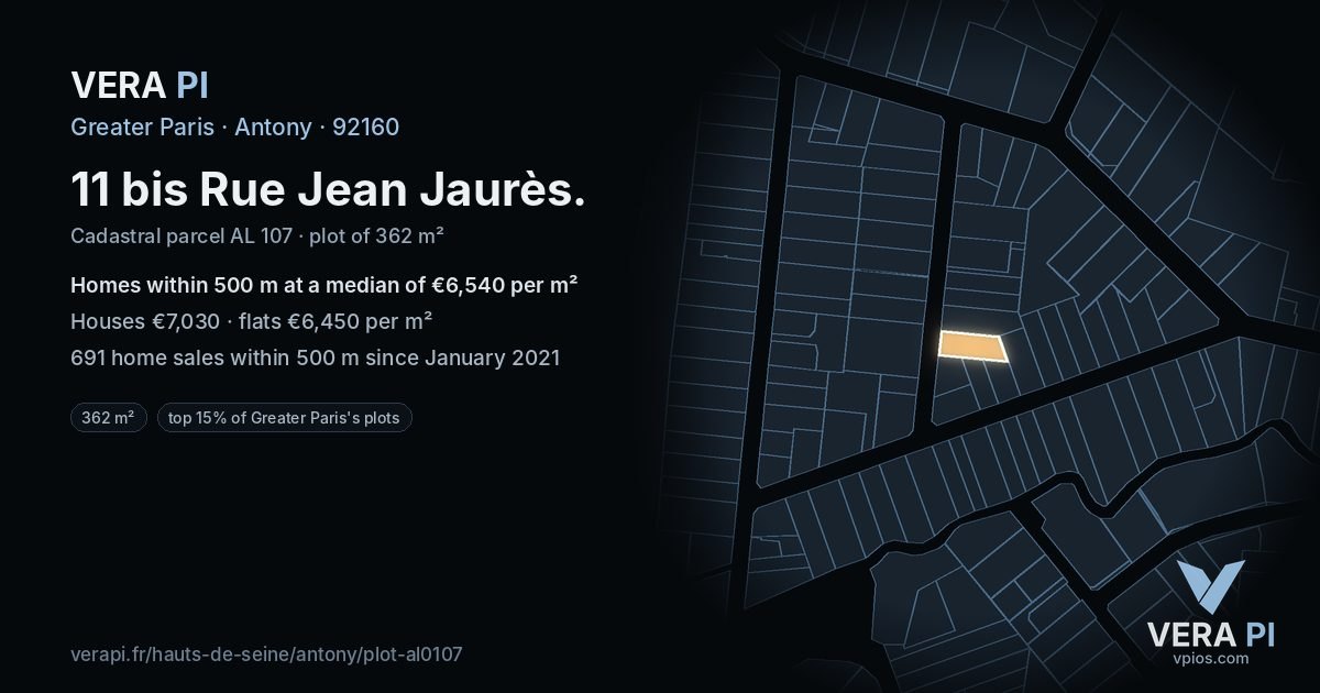 11 bis Rue Jean Jaurès, Antony at night – the plot lit, the parcels around coloured by the prices near them