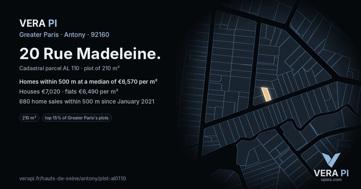 20 Rue Madeleine, Antony at night – the plot lit, the parcels around coloured by the prices near them