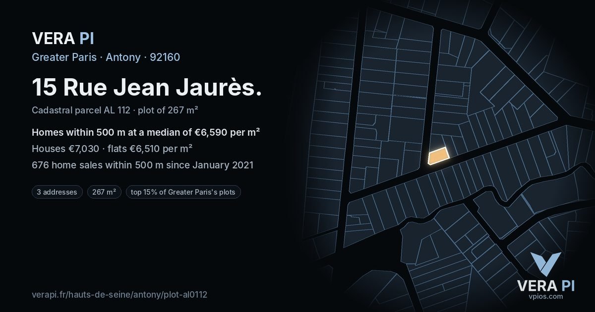 15 Rue Jean Jaurès, Antony at night – the plot lit, the parcels around coloured by the prices near them