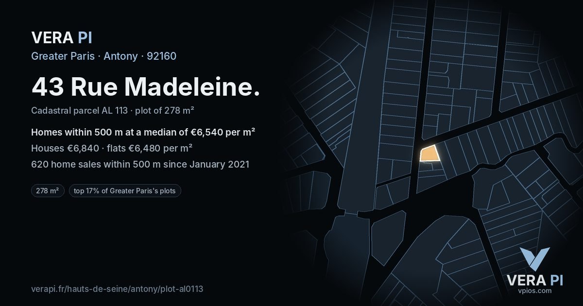 43 Rue Madeleine, Antony at night – the plot lit, the parcels around coloured by the prices near them