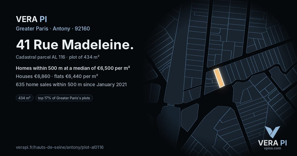 41 Rue Madeleine, Antony at night – the plot lit, the parcels around coloured by the prices near them