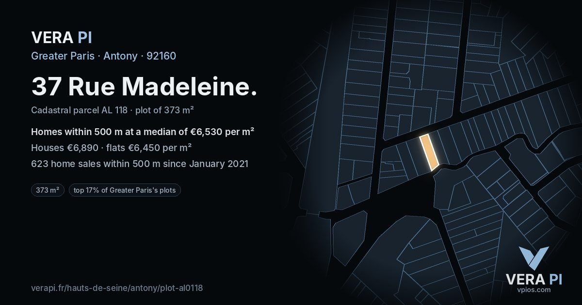 37 Rue Madeleine, Antony at night – the plot lit, the parcels around coloured by the prices near them