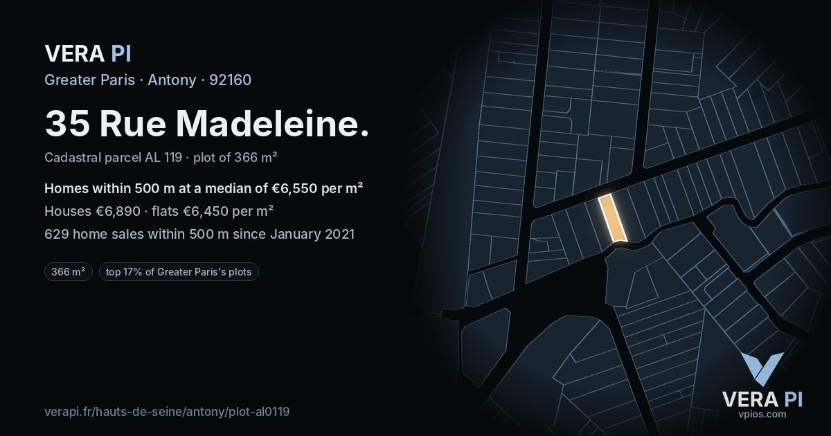 35 Rue Madeleine, Antony at night – the plot lit, the parcels around coloured by the prices near them