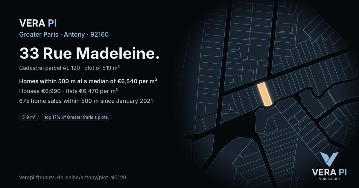 33 Rue Madeleine, Antony at night – the plot lit, the parcels around coloured by the prices near them