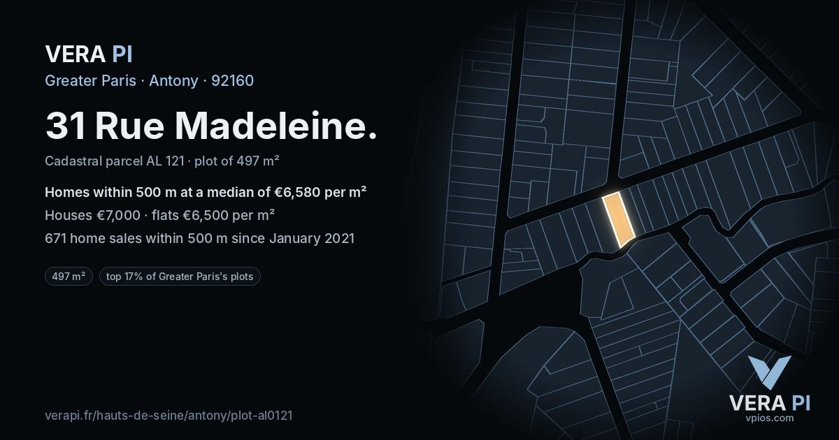 31 Rue Madeleine, Antony at night – the plot lit, the parcels around coloured by the prices near them