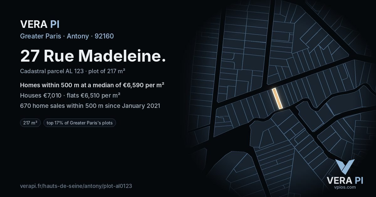 27 Rue Madeleine, Antony at night – the plot lit, the parcels around coloured by the prices near them