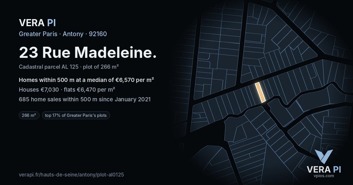 23 Rue Madeleine, Antony at night – the plot lit, the parcels around coloured by the prices near them