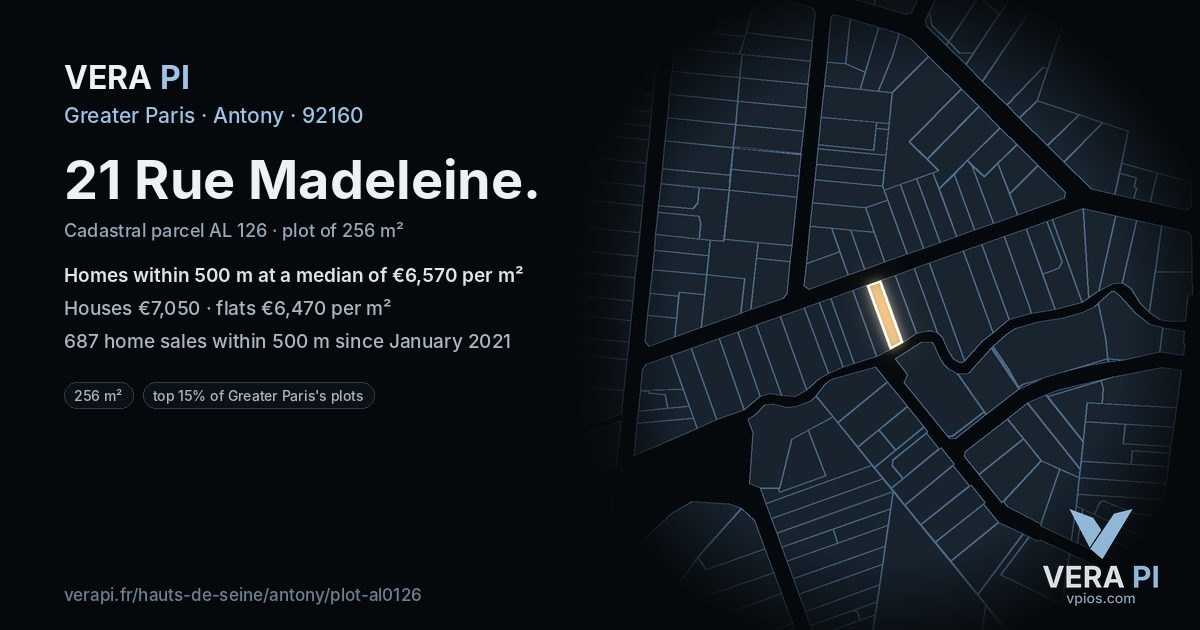 21 Rue Madeleine, Antony at night – the plot lit, the parcels around coloured by the prices near them
