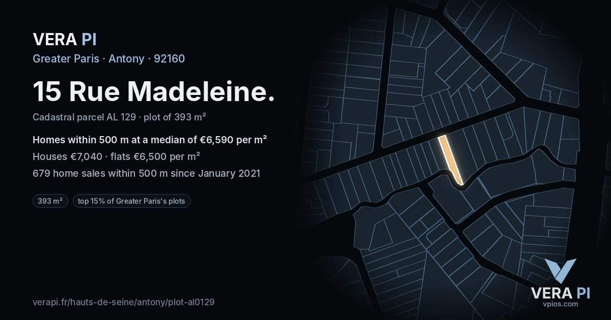 15 Rue Madeleine, Antony at night – the plot lit, the parcels around coloured by the prices near them