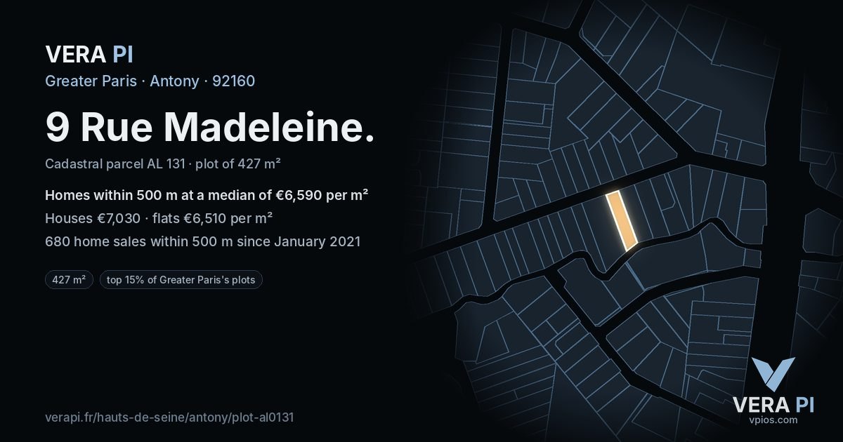9 Rue Madeleine, Antony at night – the plot lit, the parcels around coloured by the prices near them
