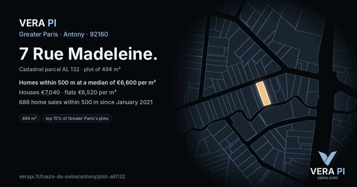 7 Rue Madeleine, Antony at night – the plot lit, the parcels around coloured by the prices near them