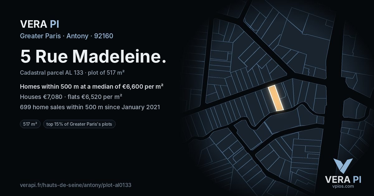 5 Rue Madeleine, Antony at night – the plot lit, the parcels around coloured by the prices near them