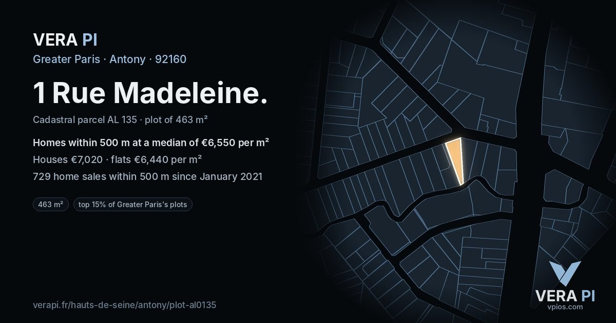 1 Rue Madeleine, Antony at night – the plot lit, the parcels around coloured by the prices near them