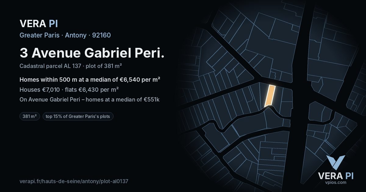 3 Avenue Gabriel Peri, Antony at night – the plot lit, the parcels around coloured by the prices near them