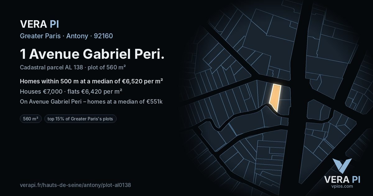 1 Avenue Gabriel Peri, Antony at night – the plot lit, the parcels around coloured by the prices near them