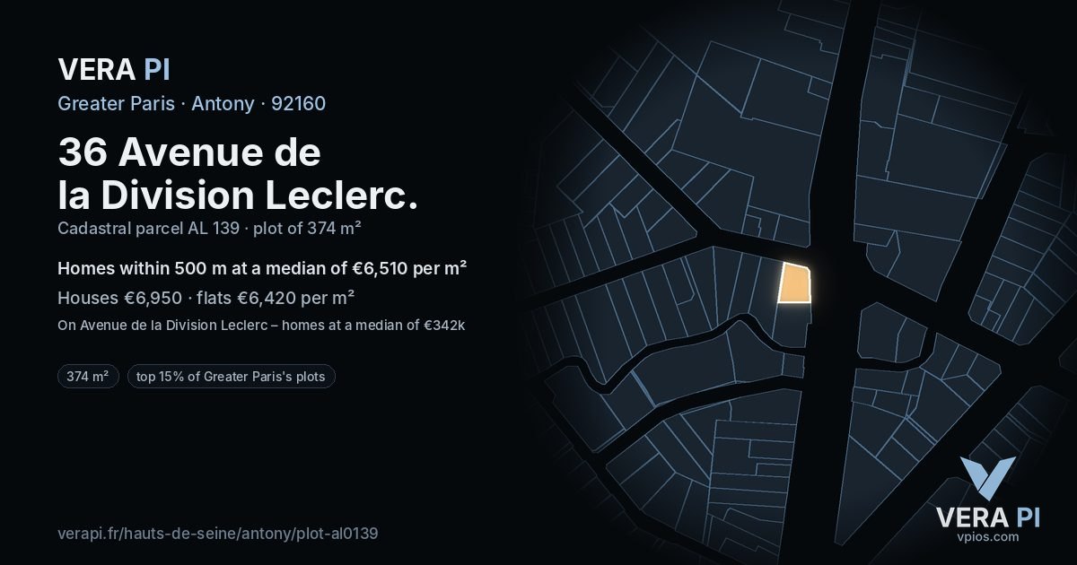 36 Avenue de la Division Leclerc, Antony at night – the plot lit, the parcels around coloured by the prices near them