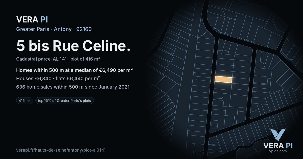 5 bis Rue Celine, Antony at night – the plot lit, the parcels around coloured by the prices near them