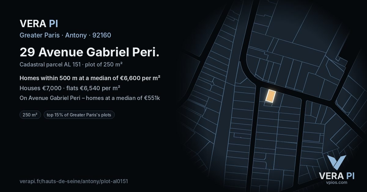 29 Avenue Gabriel Peri, Antony at night – the plot lit, the parcels around coloured by the prices near them
