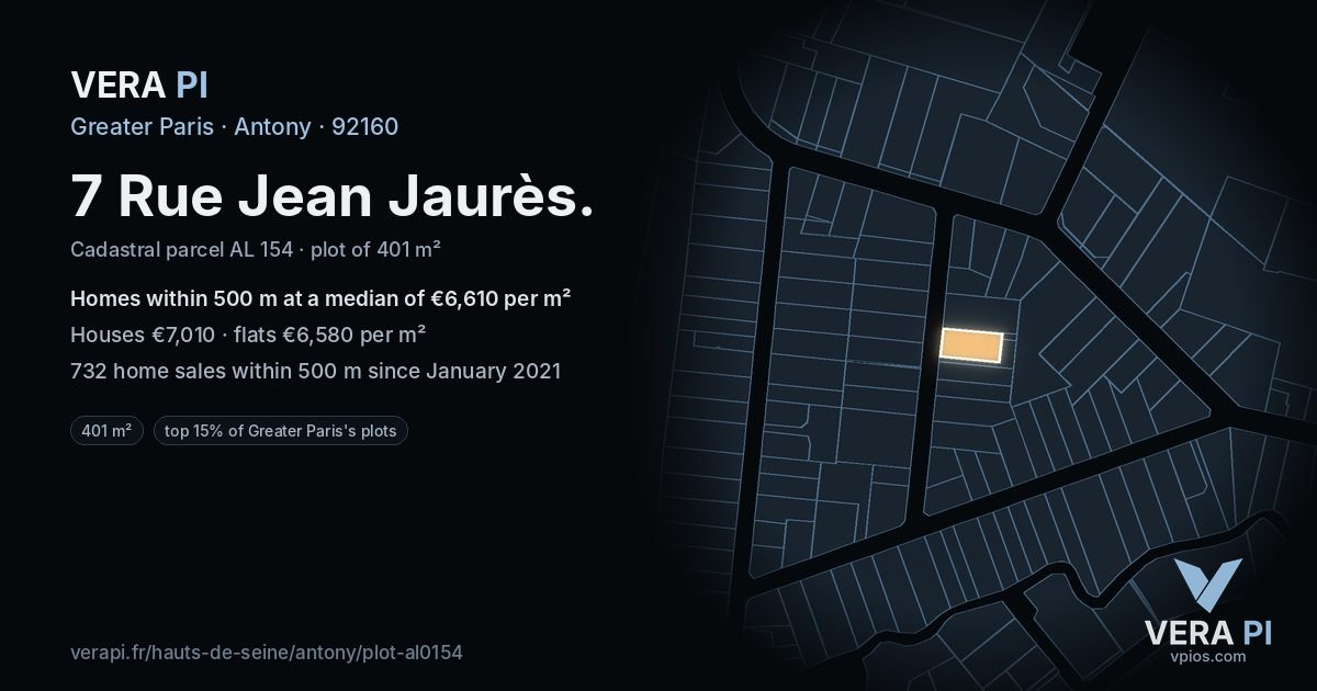 7 Rue Jean Jaurès, Antony at night – the plot lit, the parcels around coloured by the prices near them