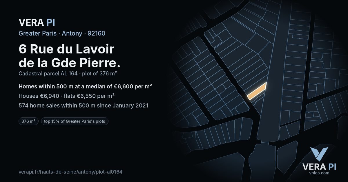 6 Rue du Lavoir de la Gde Pierre, Antony at night – the plot lit, the parcels around coloured by the prices near them