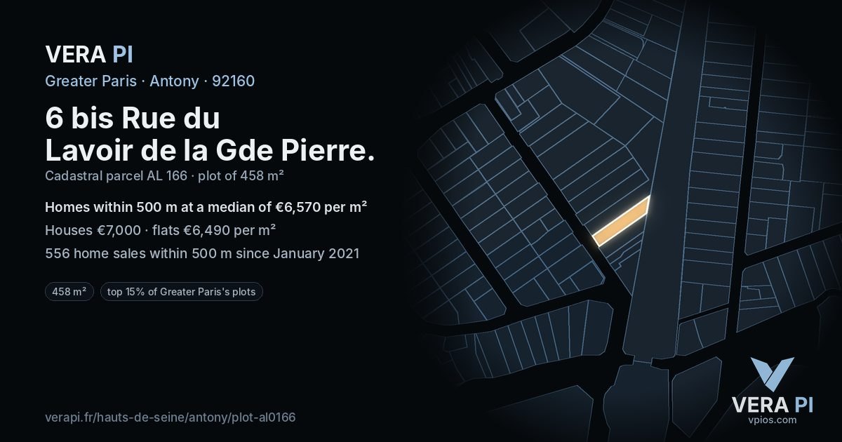 6 bis Rue du Lavoir de la Gde Pierre, Antony at night – the plot lit, the parcels around coloured by the prices near them