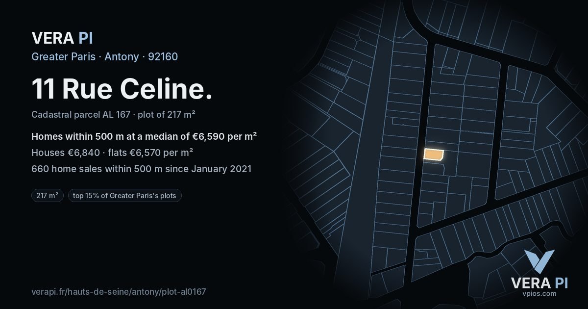 11 Rue Celine, Antony at night – the plot lit, the parcels around coloured by the prices near them