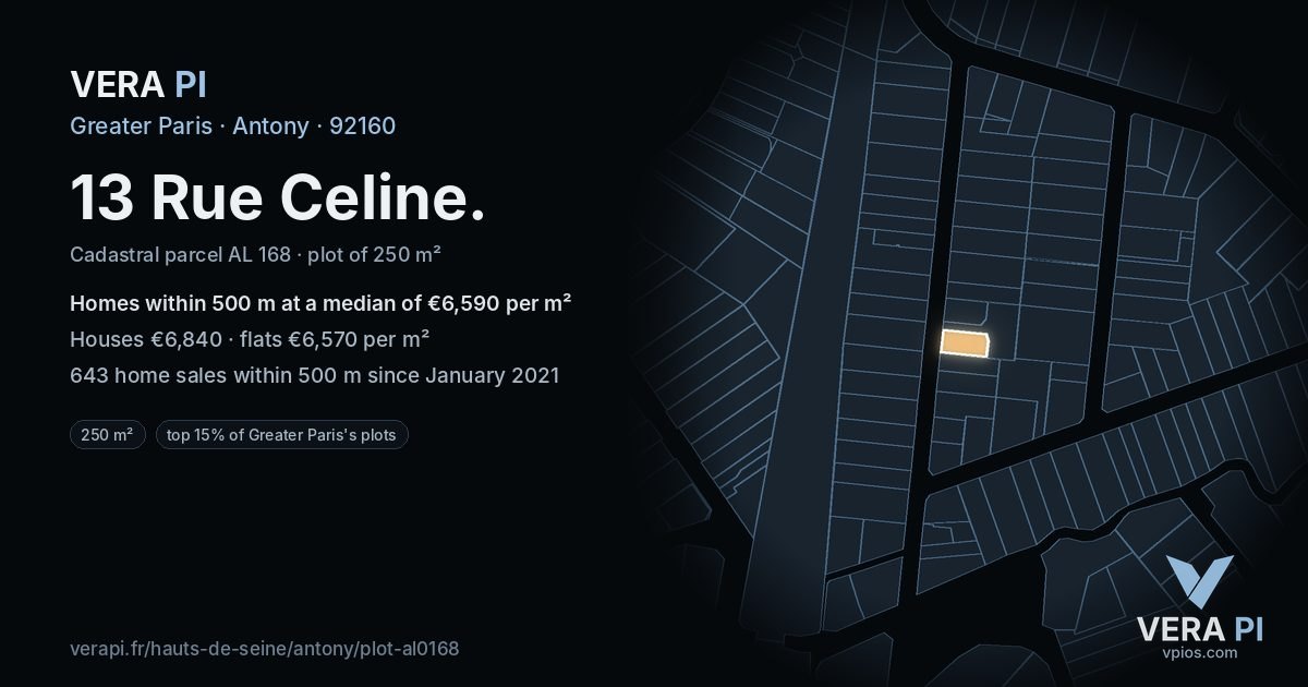 13 Rue Celine, Antony at night – the plot lit, the parcels around coloured by the prices near them