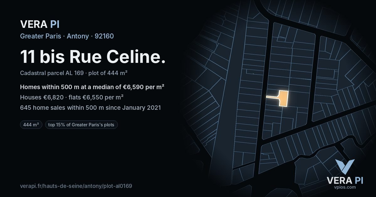 11 bis Rue Celine, Antony at night – the plot lit, the parcels around coloured by the prices near them