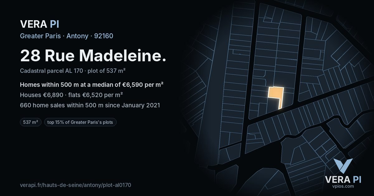 28 Rue Madeleine, Antony at night – the plot lit, the parcels around coloured by the prices near them