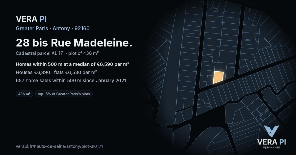 28 bis Rue Madeleine, Antony at night – the plot lit, the parcels around coloured by the prices near them