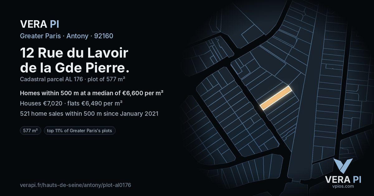 12 Rue du Lavoir de la Gde Pierre, Antony at night – the plot lit, the parcels around coloured by the prices near them